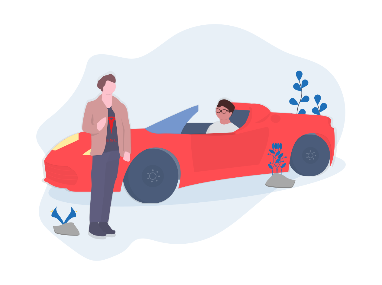 cartoon of man in red convertible